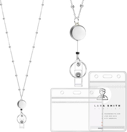 Prudiut Lanyards for Id Badges Stainless Steel Badge Lanyards with 2 Pcs Waterproof Id Badge Holder Retractable Id Badge Lanyards Teacher Lanyard for Cruise Ship Key Cards Id Badges