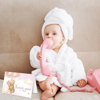 Whaline 24 Packs Bear Thank You Cards Pink Bear Balloon Greeting Cards Cute Cartoon Blank Note Cards with Envelopes and Stickers for Baby Shower Birthday Holiday Party Supplies, 4 x 6 Inch