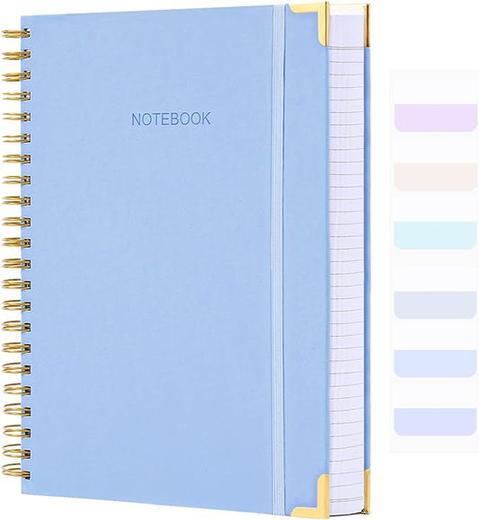 Spiral Notebook, College Ruled Notebook, 8.5" x 11", 300 Pages Hardcover Leather Notebook Journal for Women Men, A4 Large Lined Journal Notebooks for Work School, 24pcs Index Tabs, Thick, Light Blue