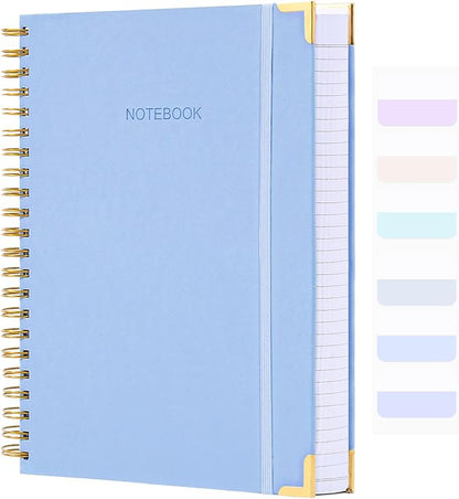 Spiral Notebook, College Ruled Notebook Journal, 7” x 10”, 300 Pages Leather Writing Journal for Women Men, B5 Hardcover Notebook for Work School, 24pcs Index Tabs, Light Blue