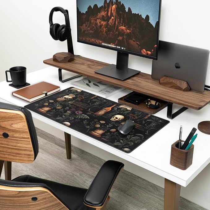 Vintage Aesthetic Desk Mat Black Academia Desk Mouse Pad XL Extended Large Gaming Desk Mousepad Mystical Green Plant Computer Laptop Keyboard and Mouse Mat Desktop Protector Mat 31.5 x 15.8 in