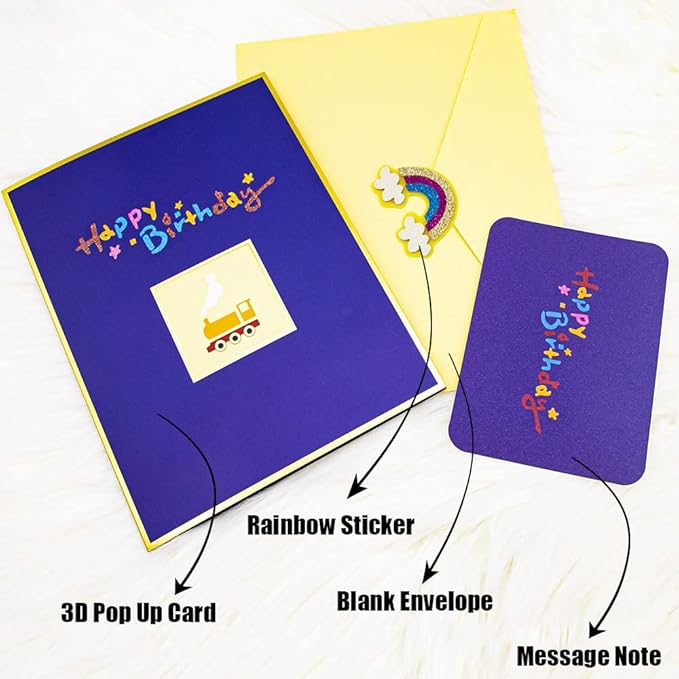 Happy Birthday Train Pop Up Card, 3D Cartoon Train Popup Birthday Gift Cards with Envelope for Father, Kids, Girls, Boys, Daughter, Son, Granddaughter, Grandson, Friend