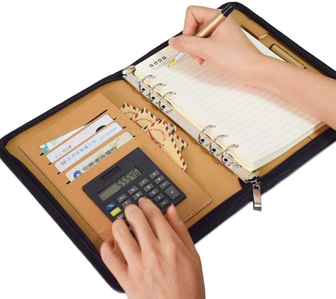 SAYEEC A5 Executive Conference Folder Business Notebook Zipped Organizer with Calculator Travel Portfolio binder Faux Leather Loose Leaf Paper Lined Refillable Journal Gift for Men