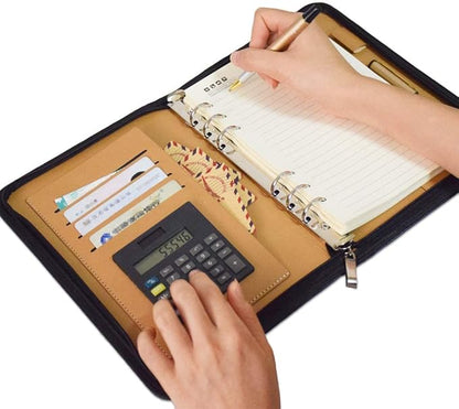 SAYEEC A5 Executive Conference Folder Business Notebook Zipped Organizer with Calculator Travel Portfolio binder Faux Leather Loose Leaf Paper Lined Refillable Journal Gift for Men