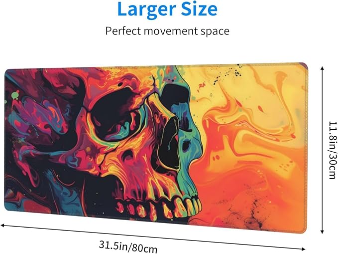 Gaming Mouse Pad Desk Pad,Extended Big Mouse Pad,31.5x11.8 Inch Long Computer Keyboard Mouse Mat Mousepad with 3mm Non-Slip Base and Stitched Edge for Gaming and Office… (Watercolor Skull)