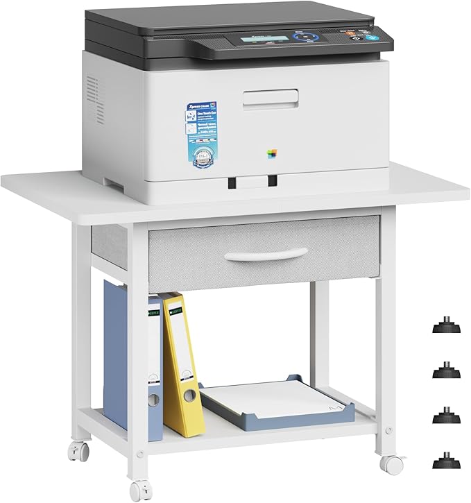 22"x15" Large Printer Stand with Storage Drawer, 2-Tier Under Desk Printer Table for Home Office, Printer Cart fit Fax Machine/3D Printer/Scanner(White)