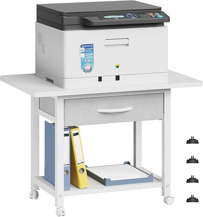 22"x15" Large Printer Stand with Storage Drawer, 2-Tier Under Desk Printer Table for Home Office, Printer Cart fit Fax Machine/3D Printer/Scanner(White)