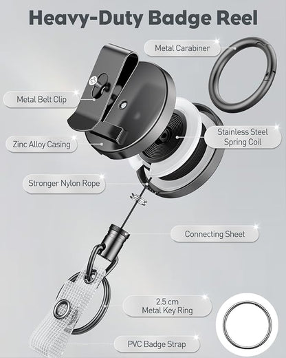 Uniclife 2 Pack Heavy Duty Metal Retractable Badge Reel for Badge Holder Retractable Keychain All Metal Casing with Stainless Steel Spring Coil 27.5" Nylon Rope Carabiner Belt Clip and Key Ring
