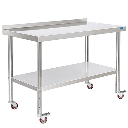 Stainless Steel Table for Prep & Work with 4 Caster Wheels with Backsplash 24 x 48 NSF Metal Commercial Kitchen Adjustable Under Shelf Worktable for Restaurant Home Outdoor