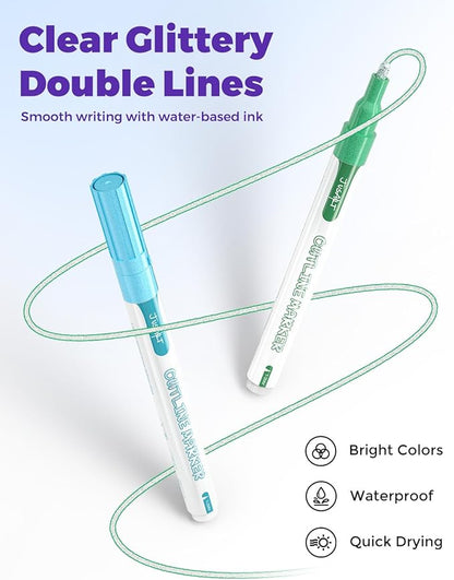 JusArt Outline Markers 12 Colors, Double Line Glitter Markers for Greeting Card Art Crafts, Girls Teens Stocking Stuffers Shimmer Markers, Metallic Sparkle Markers Painting Drawing Supplies