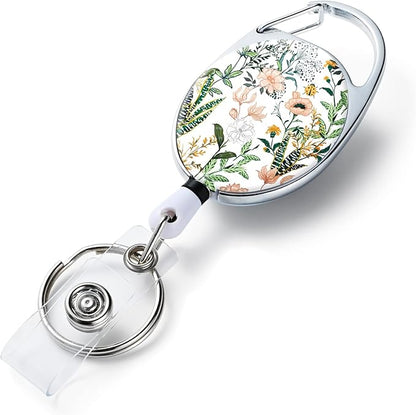 Badge Reels Retractable，Double Sided Color Print Pattern Retractable Badge Holders，with Retractable Keychain, Badge Clip and Key Ring，Durable Nylon Retractable Rope，White Flower