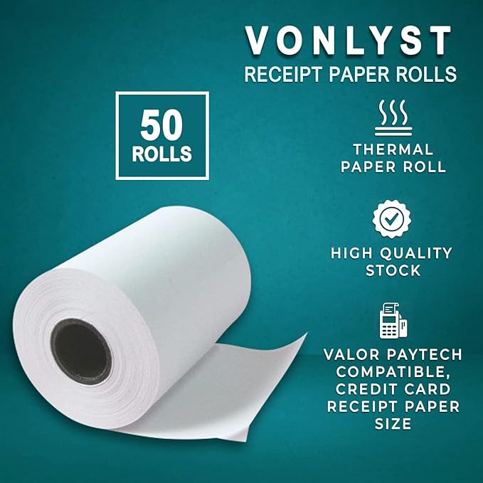 Receipt Paper Roll for Valor Paytech VL 110 and VL 500 Credit Card Machine (50 Rolls)