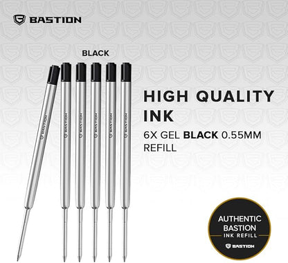 BASTION® Premium Pen Refill, Deeply Pigmented Ink for All Bastion Bolt Action Luxury Pens, Standard Ink Refill with 0.55mm Fine Tip - Black Gel, 6 PCs