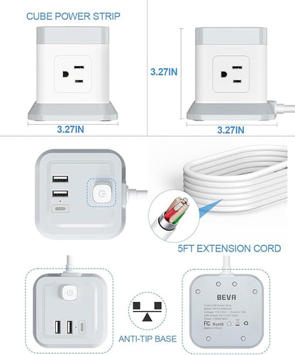 BEVA Power Strip with USB - 5ft Long Extension Cord Desktop Charging Station, Power Strip Cube with 4 Outlets and 3 USB Ports, Overload Protection, Compact for Travel, Cruise Ship, Office, Dorm Room
