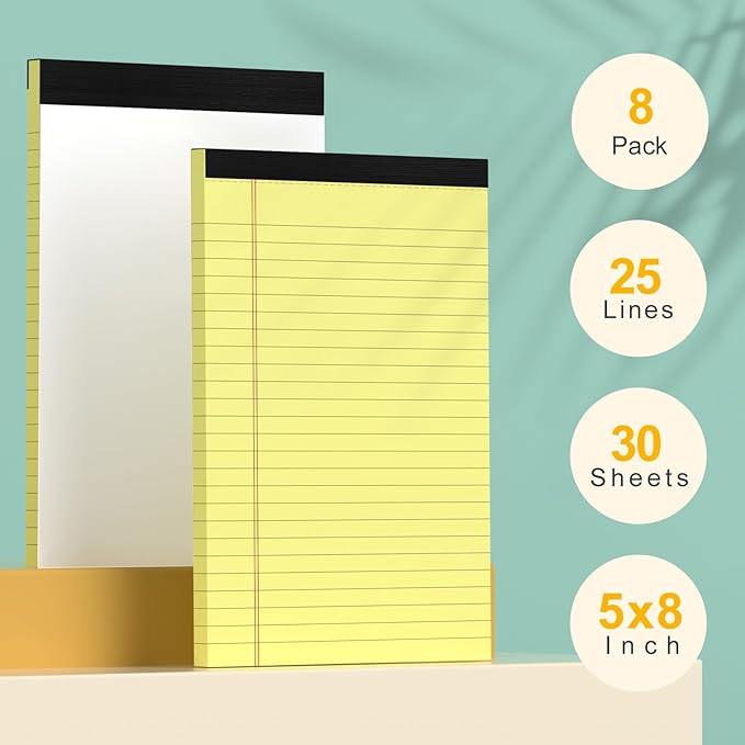 8 Pack Yellow Legal Pads 5x8 Small Note Pads 240 Sheets Perforated Yellow Pads Paper Narrow Ruled Writing Pad 80gsm Premium Thick Paper College Ruled Legal Notepads for Students, Office, Business