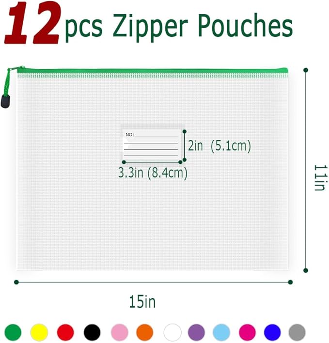 AUSTARK Plastic Mesh Zipper Pouch, 12Pcs Zipper File Bags with Label Pocket, Game Boards Storage Bags, Waterproof Document Storage Bags for Office Home Travel Cosmetic (B4 Size 15x11 in)