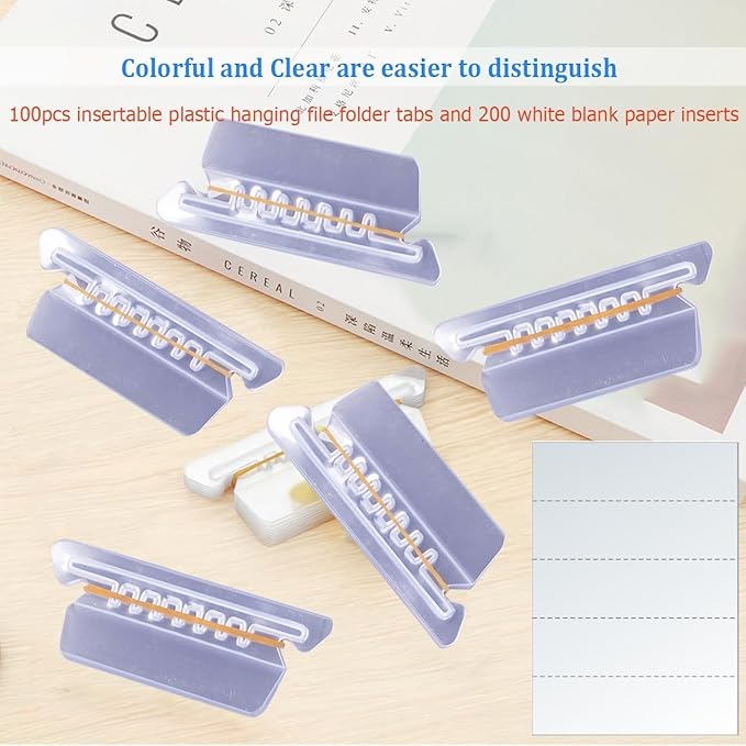 File Folder Tabs, Insertable Plastic Tabs Hanging Folder Tabs,100 Pcs Hanging File Folder Tabs with 200Pcs Inserts for Hanging Folders (Clear)