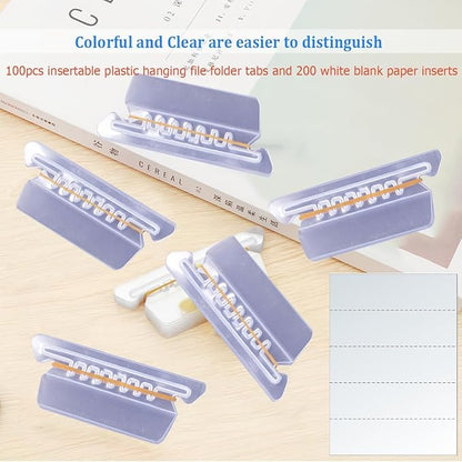 File Folder Tabs, Insertable Plastic Tabs Hanging Folder Tabs,100 Pcs Hanging File Folder Tabs with 200Pcs Inserts for Hanging Folders (Clear)