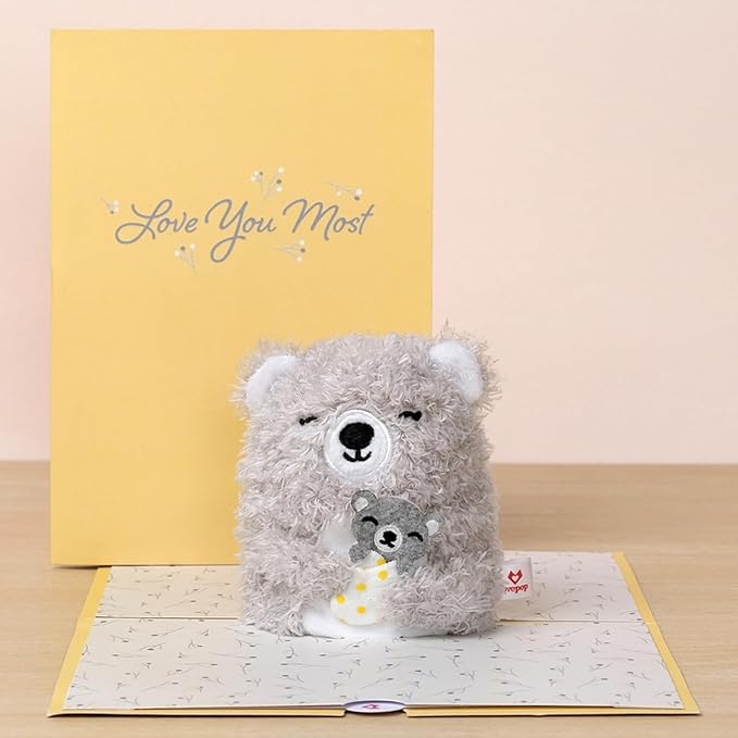 Lovepop Plushpop Soft Animal Pop-Up Card for Her and Him - 3D Bear Everyday Greeting Card for Boys, Girls, Men, Women - Love You Most - 6" x 8" Card - Gray