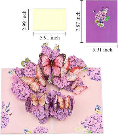 Purple Hydrangea and Butterfly Pop-Up Card, Romantic Floral Greeting Card, Butterflies Flower Card for Birthdays, Anniversaries, Weddings, Thank You, and Special Occasions
