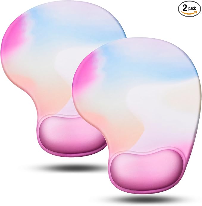 JIKIOU Mouse Pad, 2 Pack Ergonomic Mouse Pads with Comfortable Gel Wrist Rest Support and Lycra Cloth, Non-Slip PU Base for Easy Typing Pain Relief Durable and Easy to Clean Small Rainbow