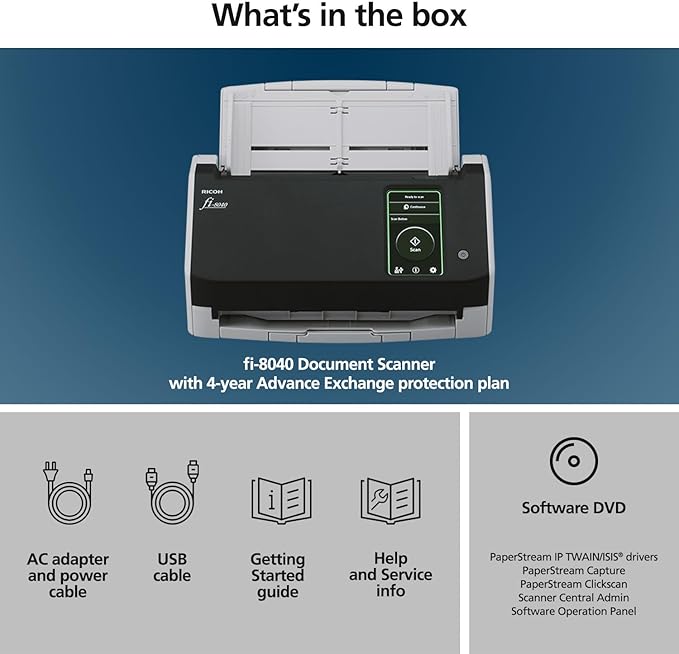 RICOH fi-8040 Premium Fast Front Office & Desktop Document, Receipt, ID Card Scanner with 50 Page Auto Feeder and PC-Less DirectScan Network Scanning Capability with 4-Year Advance Exchange Warranty