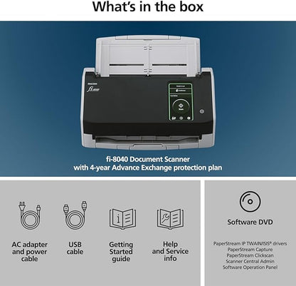 RICOH fi-8040 Premium Fast Front Office & Desktop Document, Receipt, ID Card Scanner with 50 Page Auto Feeder and PC-Less DirectScan Network Scanning Capability with 4-Year Advance Exchange Warranty