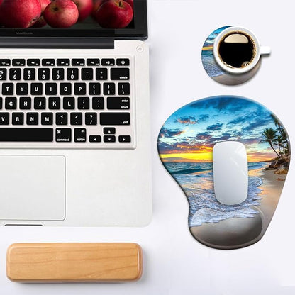 DOOKE Ergonomic Mouse Pad with Wrist Support and Coaster,Mouse Pads with Non-Slip PU Base for Home Office Working Studying Easy Typing & Pain Relief Natural Beach
