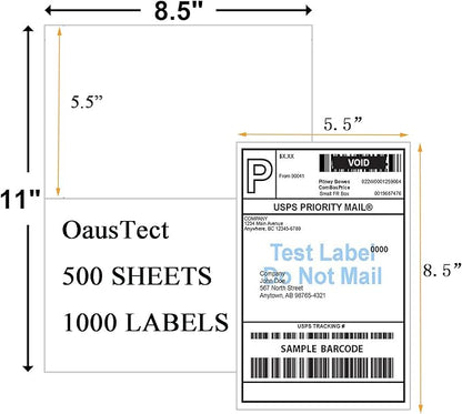 8.5 X 5.5 Shipping Label, Half Sheet Labels, Shipping Labels 2 Per Sheet, Laser & Inkjet Printer Printable, 5126/8126, Blank White Mailing Postage Labels (500 Sheets, 1000 Labels)