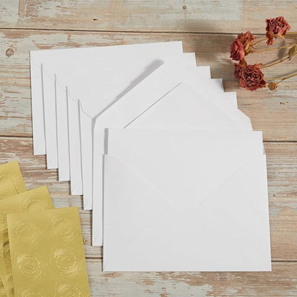 50 Pack White A7 Envelopes with Cards 5x7 Thick Folded Cardstock and Gold Stickers for Greeting Cards, Wedding, Birthday, Invitations, Baby Showers (White, 5x7)