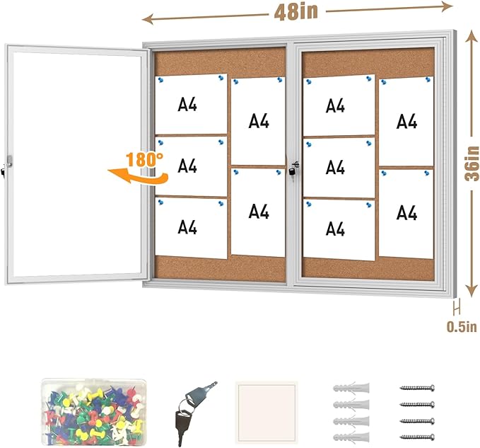 48"x36" Enclosed Bulletin Board, Outdoor Lockable Weather-Resistant Aluminum Cork Noticeboard for School & Office, Silver Frame w/Cork