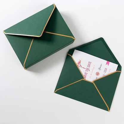 50 Pack A7 Envelopes Dark Green 5 x 7 Self-Adhesive V Flap Envelopes with Gold Border for Office, Greeting Card, Wedding, Graduation, Baby Shower, Parties, Invitations (Dark Green, 5x7)