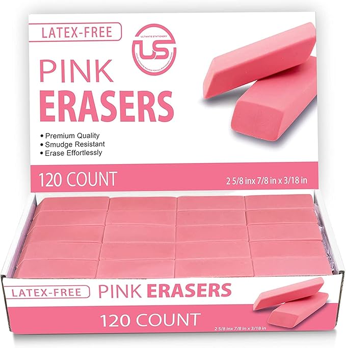 Pink Erasers, 120 Count Rectangular Eraser Bulk Pack, Latex Free Pink Pearl Erasers for School Supplies, Art and Office
