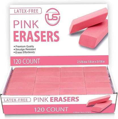 Pink Erasers, 120 Count Rectangular Eraser Bulk Pack, Latex Free Pink Pearl Erasers for School Supplies, Art and Office