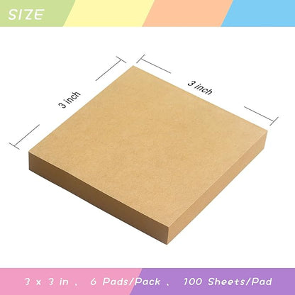 Sticky Notes 3x3 Self-Stick Notes Pads with 6 Bright Colors, Easy to Post for Office, Shool, Home, 6 Pads/Pack, 100 Sheets/Pad(Kraft Paper)