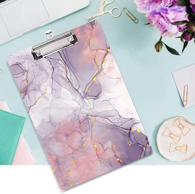 WAVEYU Cute Hardboard Office Clipboard, Clipboard with Low Profile Clip Designed for Students Classroom School and Office Use, Purple Marble(12.5"x9")