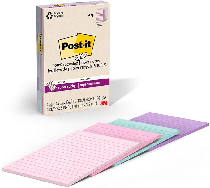 Post-it 100% Recycled Paper Super Sticky Notes, Lined, 4 in. x 6 in., 4 Pads, 45 Sheets per Pad, Wanderlust Pastels, School Supplies and Office Products