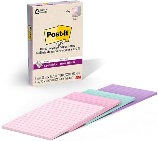 Post-it 100% Recycled Paper Super Sticky Notes, Lined, 4 in. x 6 in., 4 Pads, 45 Sheets per Pad, Wanderlust Pastels, School Supplies and Office Products