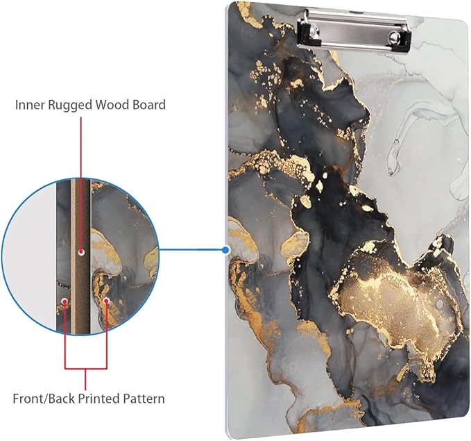 WAVEYU Marble Hardboard Office Clipboard, Clipboard with Low Profile Clip Designed for Students Classroom School and Office Use, Grey+Gold (12.5"x9")