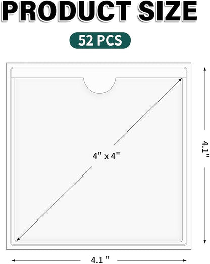 52 Pack Index Card Pockets with Top Open, 4 x 4 Inch Adhesive Label Pockets Clear Plastic Index Card Holder for Organizing, Storage Bins, Library Cards, Notes