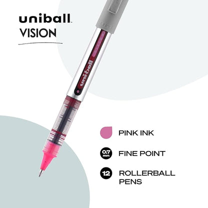 Uni-Ball 60384 uni-ball Vision Rollerball Pens, Fine Point (0.7mm), Pink, 12 Count
