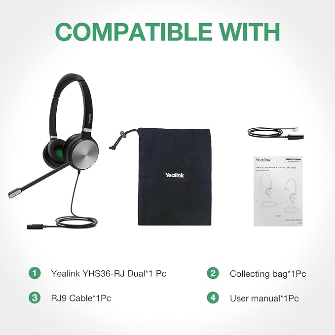 Yealink Phone Headsets for Office Phones YHS36 QD to RJ9 Wired Headset Compatible with Poly Snom Grandstream Phones Desk Landline VoIP Headset with Microphone -Dual/170g/2.1m Cable