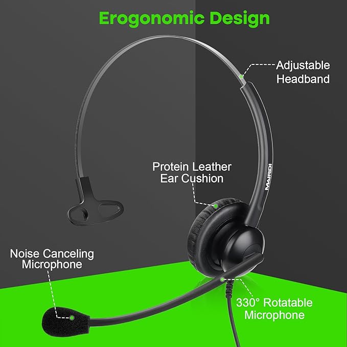 MAIRDI Telephone Headset with Microphone Noise Canceling, Binaural Call Center Office Headphone with RJ9 Jack & 3.5mm Connector for Landline Phone Cell Phone PC Laptop, Work for Polycom Avaya Nortel