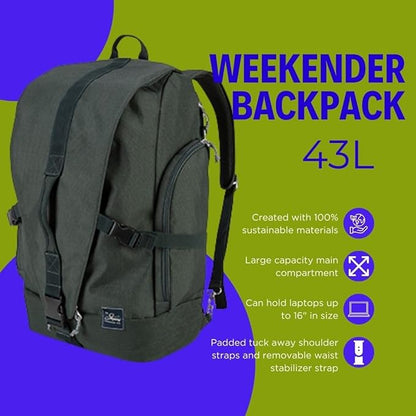 Skyway Luggage Rainier Weekender Backpack, Eco-Friendly, Made of 100% rPET Travel Laptop Bag for Women & Men, Flight Approved Carry On Bag, 43L, Olympic Green