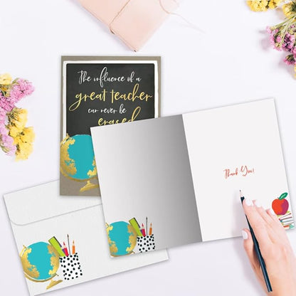 Tree-Free Greetings Teacher Appreciation Cards - Artful Designs - 2 Cards + Matching Envelopes - Made in USA - 100% Recycled Paper - 5"x7" - Lighthearted, For Teacher, Never Be Erased (GT64435)