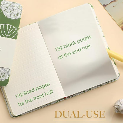 Embroidered Mini Notebook for Girl, Small Fabric Hardcover Journal, A6, 264 Pages, 4x6 Lined Notebook & unlined Sketchbook, Cute Diary, Pocket Notepad Kids Journal, Green Leaf.