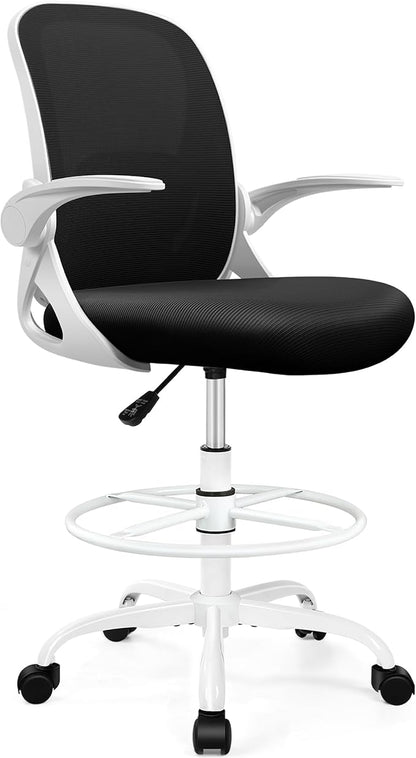 Drafting Chair Tall Office Chair with Flip-up Armrests, Adjustable Height, and Enhanced Lumbar Support - Ergonomic Rolling Stool, Back Support, and Adjustable Foot Rest Ring for Standing Desk White
