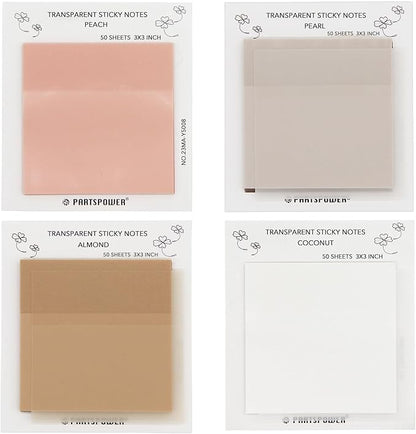 Pastel Transparent Sticky Notes, 4 Pads 3X3 Inch See Through Annotating Sticky Notes for Annotating, Bible Journaling Supplies, Office School Supplies, 50 Sheets/Pad