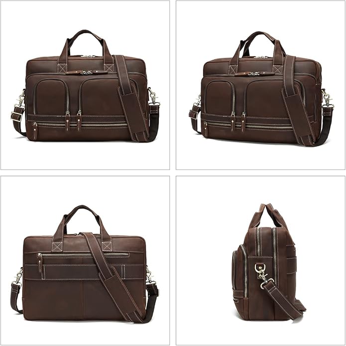 Full Grain 17.3" Leather Briefcase Messenger Laptop Bag For Men