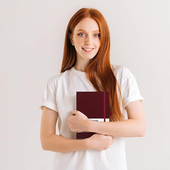 Dotted Journal/Notebook - Dot Grid Hard Cover Notebook, Premium Thick Paper with Fine Inner Pocket, Black Smooth Faux Leather, Pen Loop, 5.3'' x 8.26'' - Burgundy